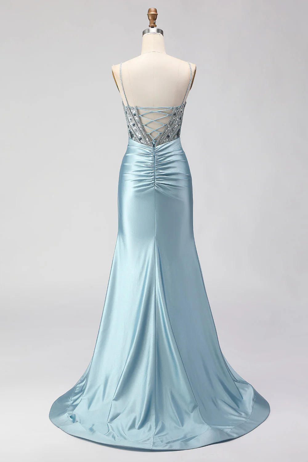 Corset perlé bleu poussiéreux Corset à sequins avec longue robe de bal avec fente - Image 2