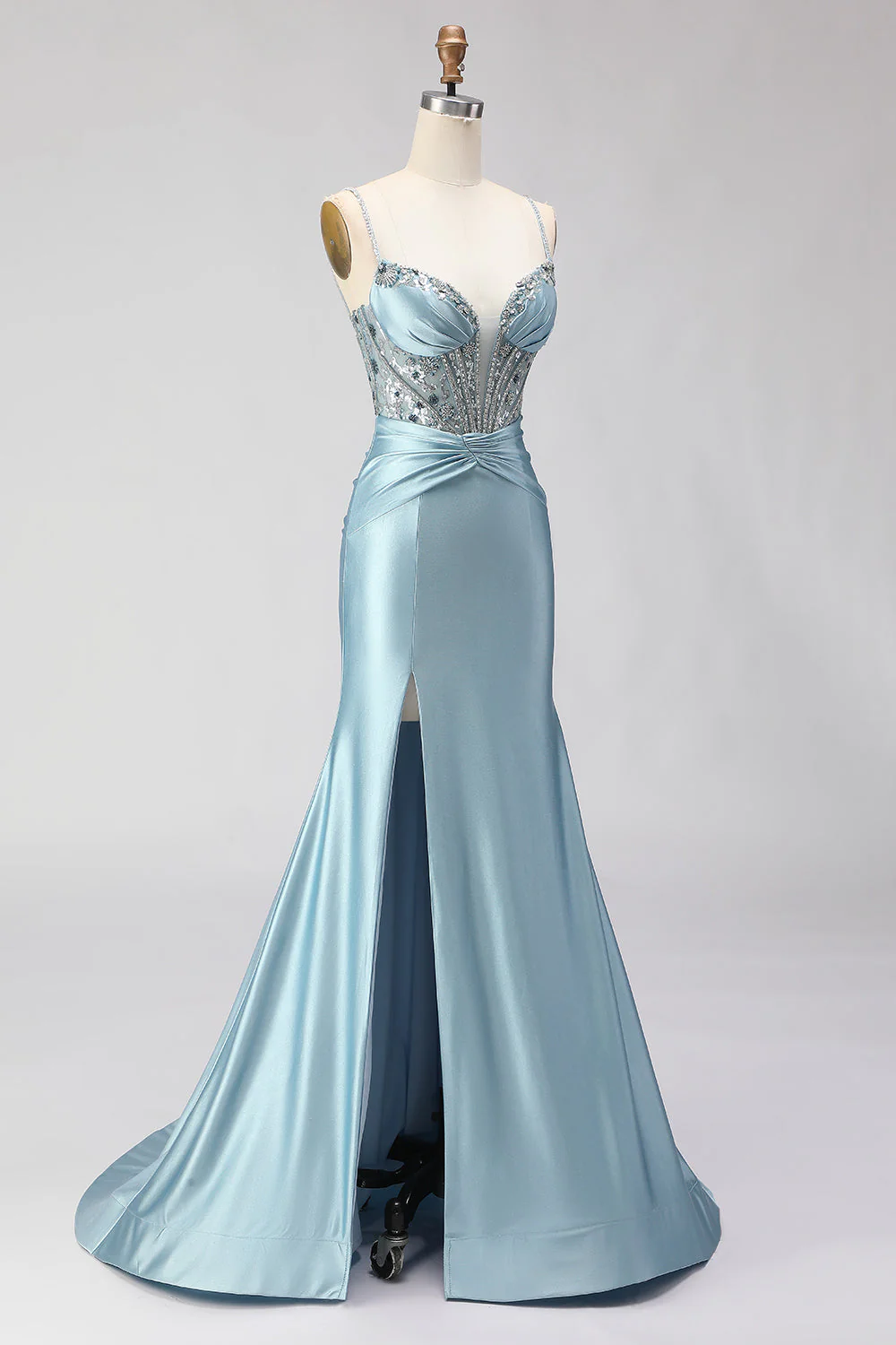 Corset perlé bleu poussiéreux Corset à sequins avec longue robe de bal avec fente - Image 5