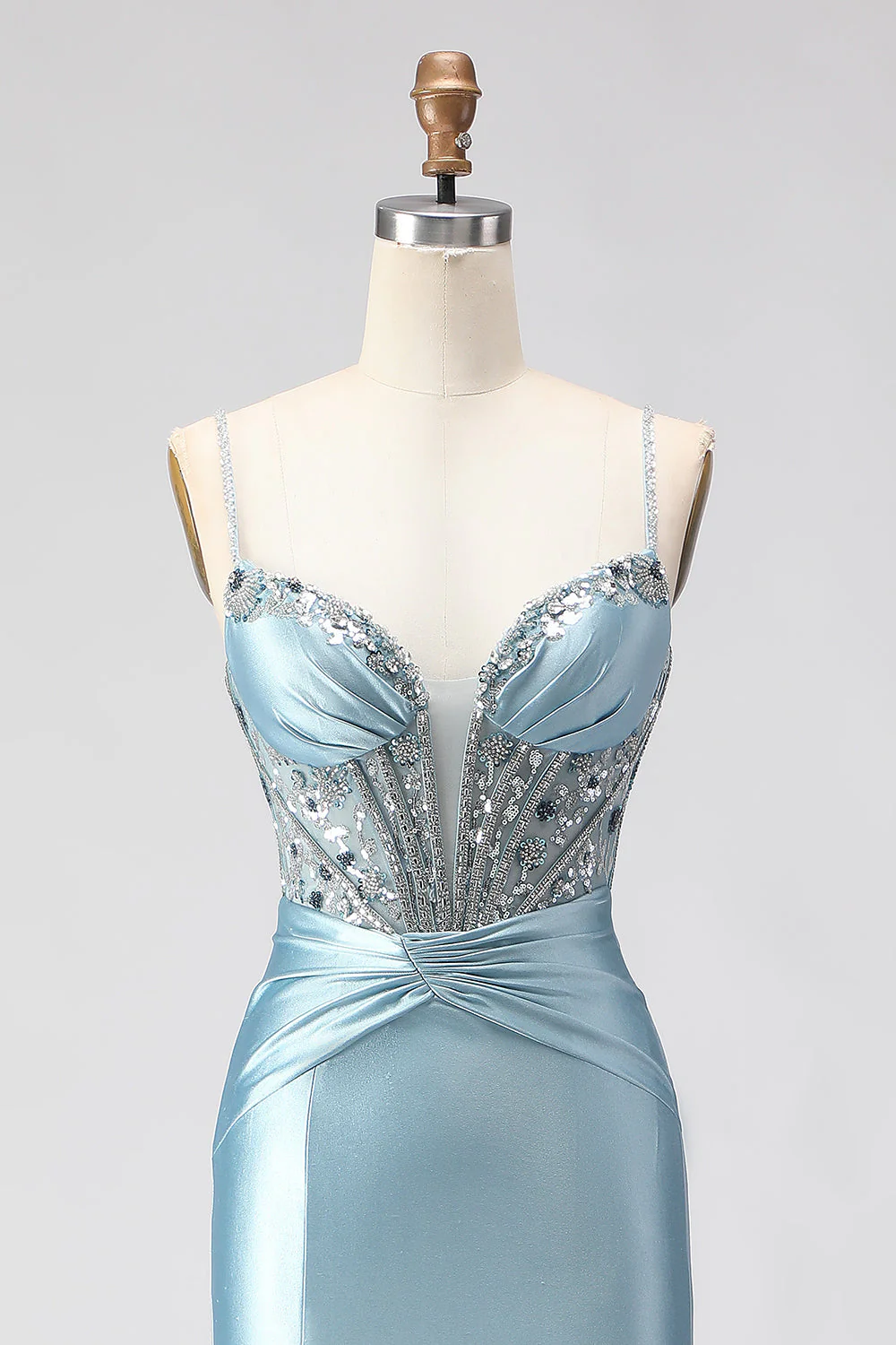Corset perlé bleu poussiéreux Corset à sequins avec longue robe de bal avec fente - Image 6