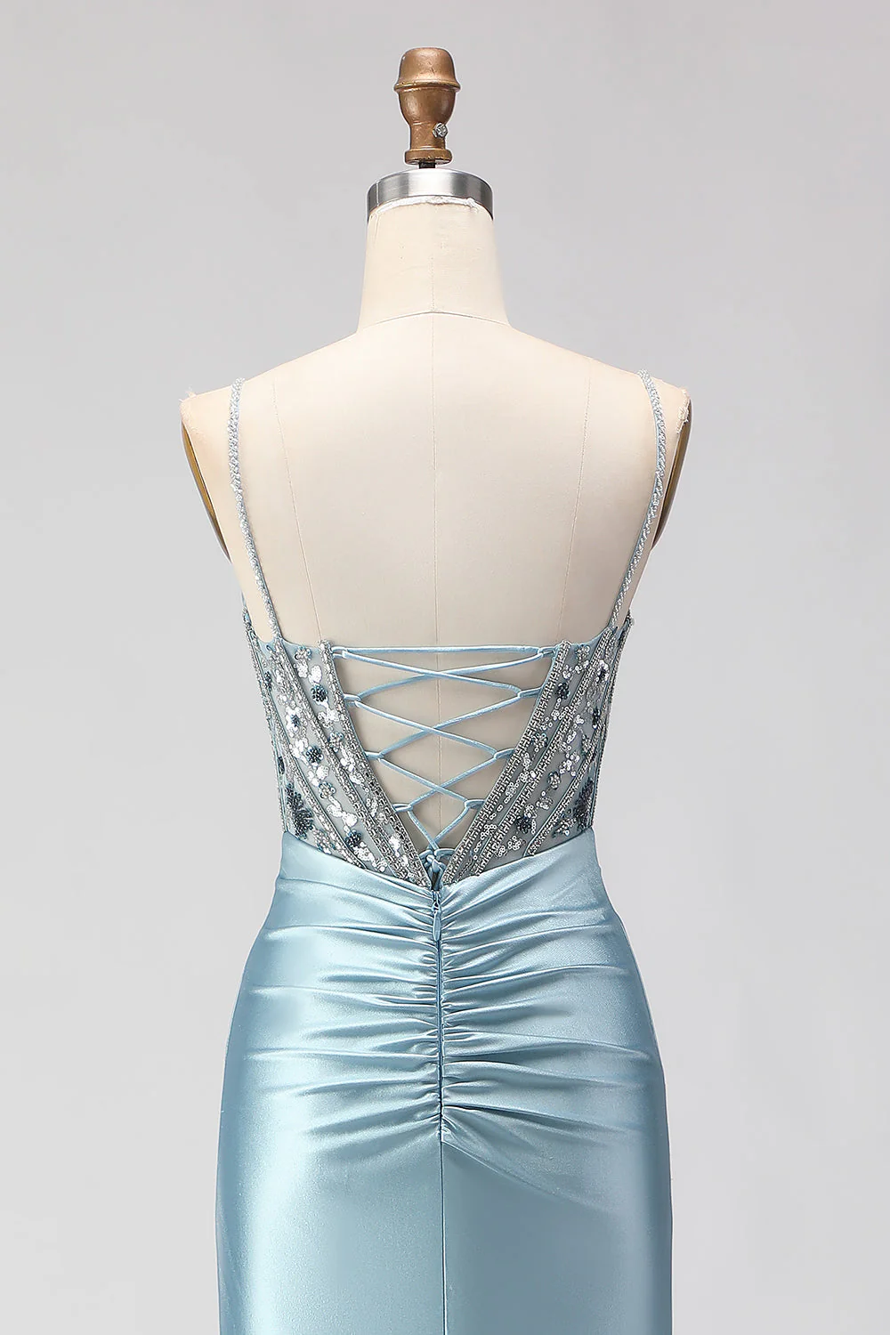 Corset perlé bleu poussiéreux Corset à sequins avec longue robe de bal avec fente - Image 7