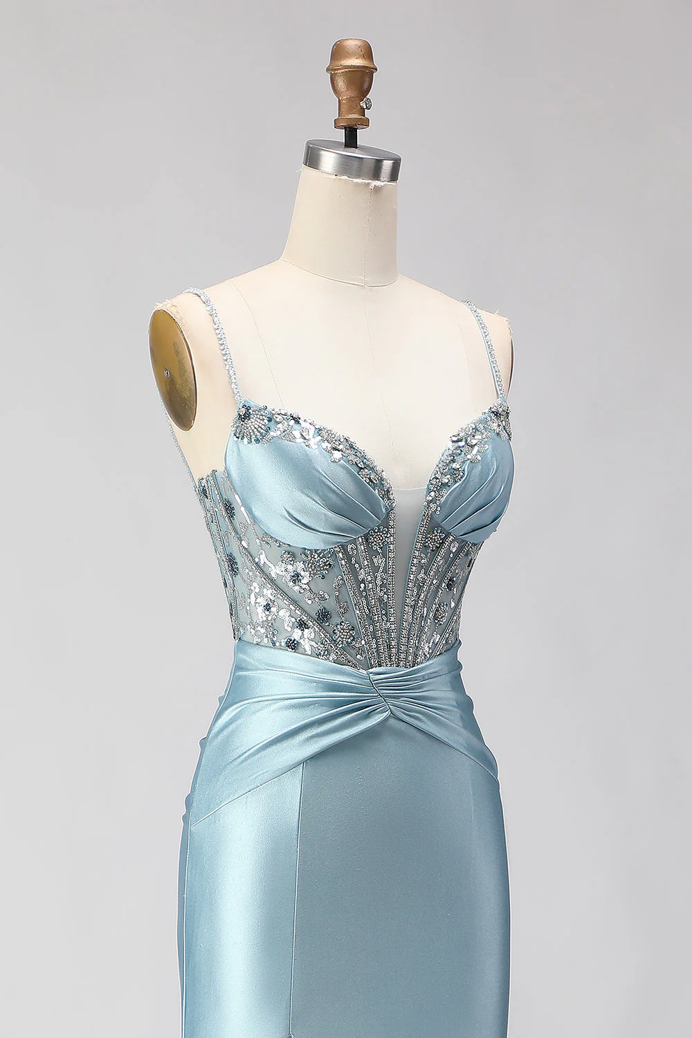 Corset perlé bleu poussiéreux Corset à sequins avec longue robe de bal avec fente - Image 8