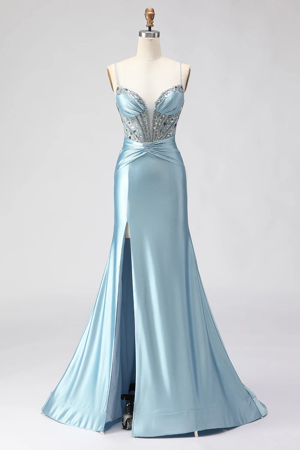 Robe de soirée longue bleu poussiéreux corset perlé sequins avec fente - Image 3