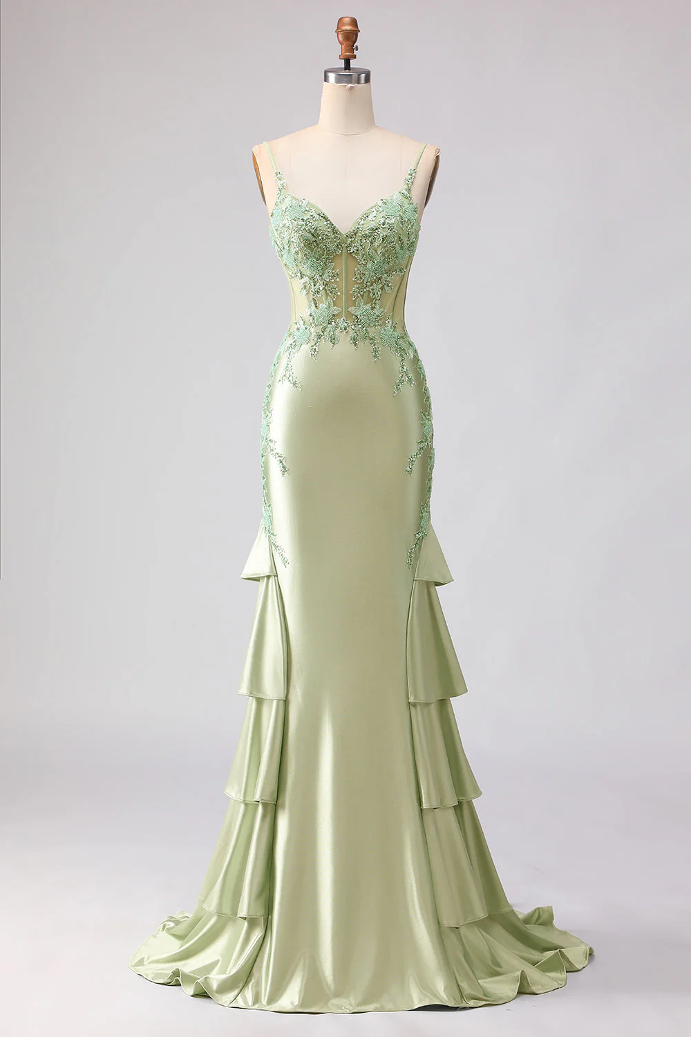 Corset perlé de sirène vert clair à volants, longue robe de bal avec lacet dans le dos