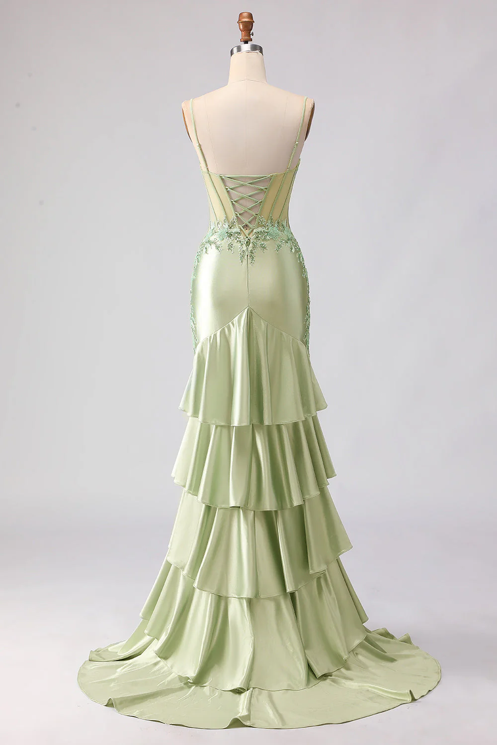 Corset perlé de sirène vert clair à volants, longue robe de bal avec lacet dans le dos - Image 2