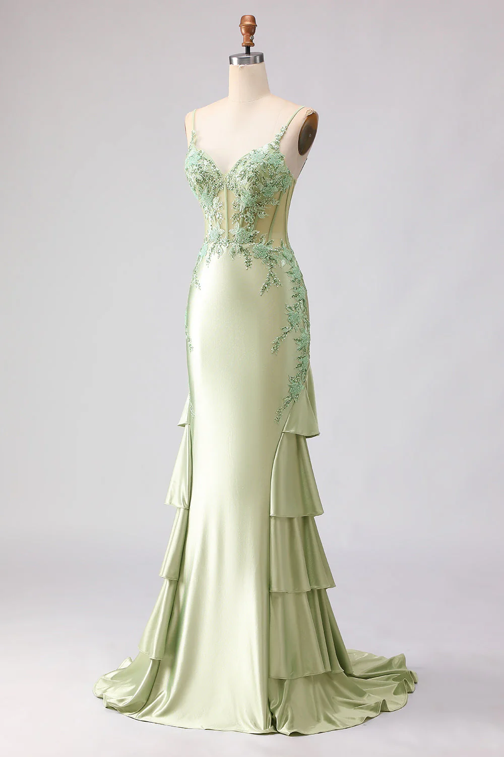 Corset perlé de sirène vert clair à volants, longue robe de bal avec lacet dans le dos - Image 5