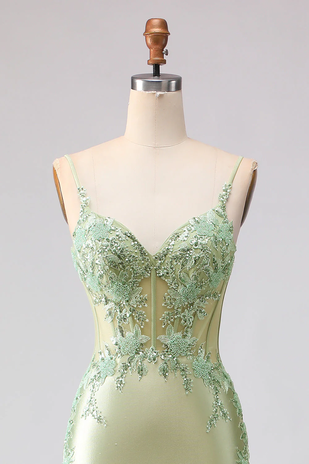 Corset perlé de sirène vert clair à volants, longue robe de bal avec lacet dans le dos - Image 6