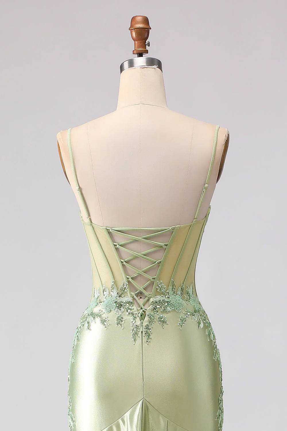 Corset perlé de sirène vert clair à volants, longue robe de bal avec lacet dans le dos - Image 7