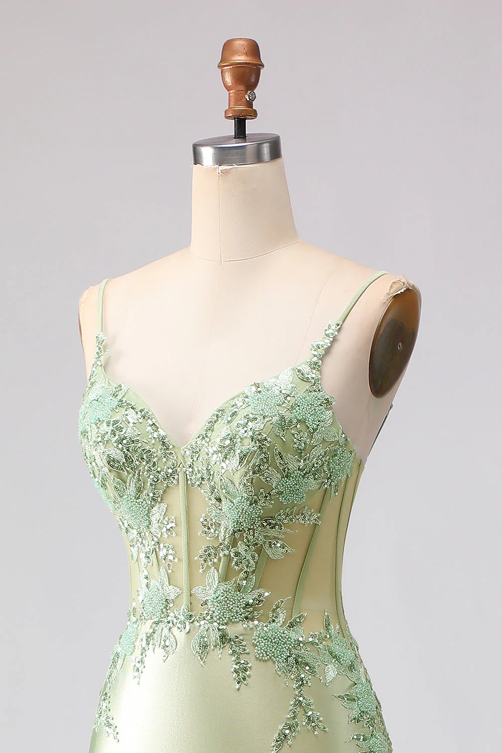 Corset perlé de sirène vert clair à volants, longue robe de bal avec lacet dans le dos - Image 8
