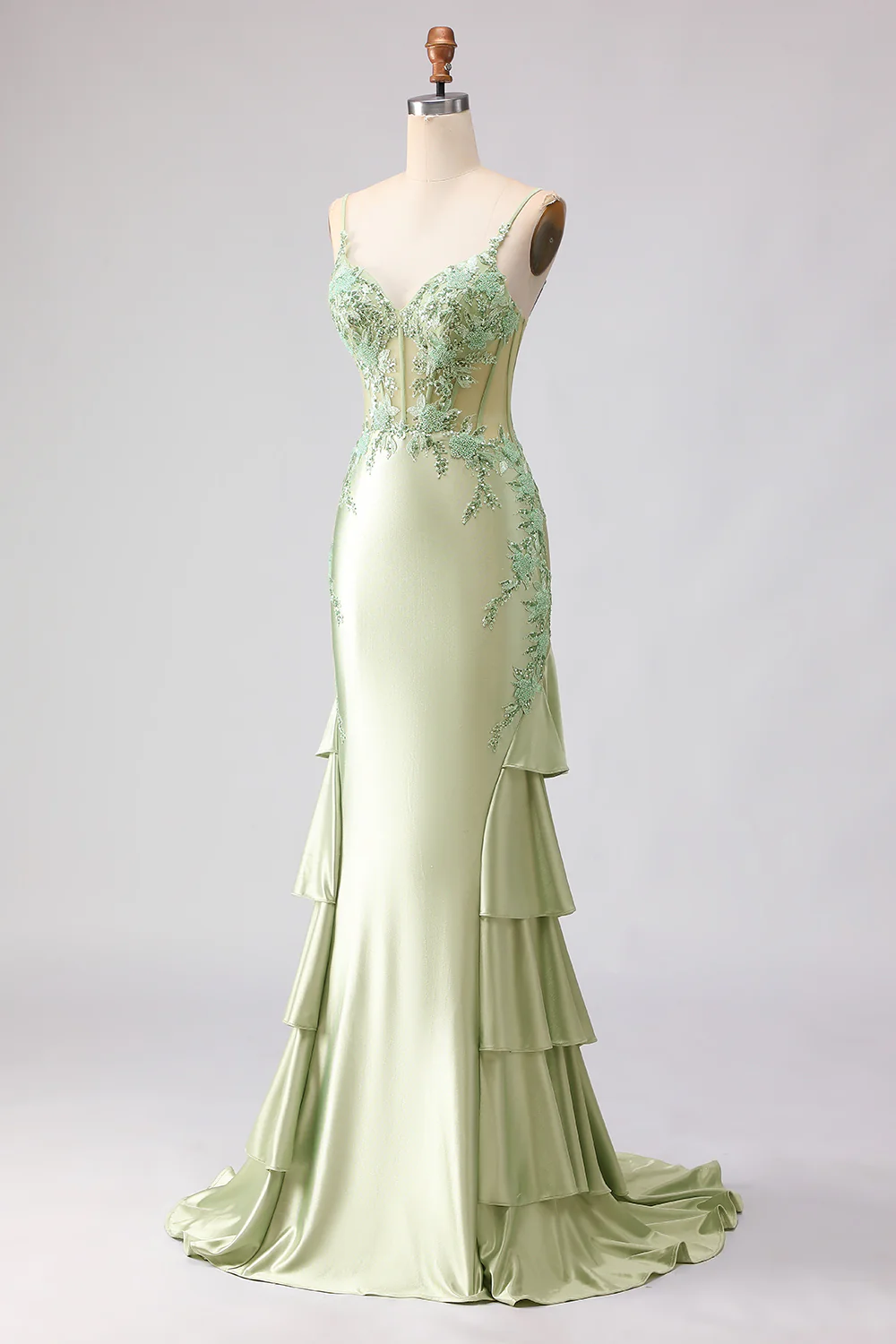 Robe de soirée sirène longue bustier perlé vert clair à volants et dos lacé - Image 5