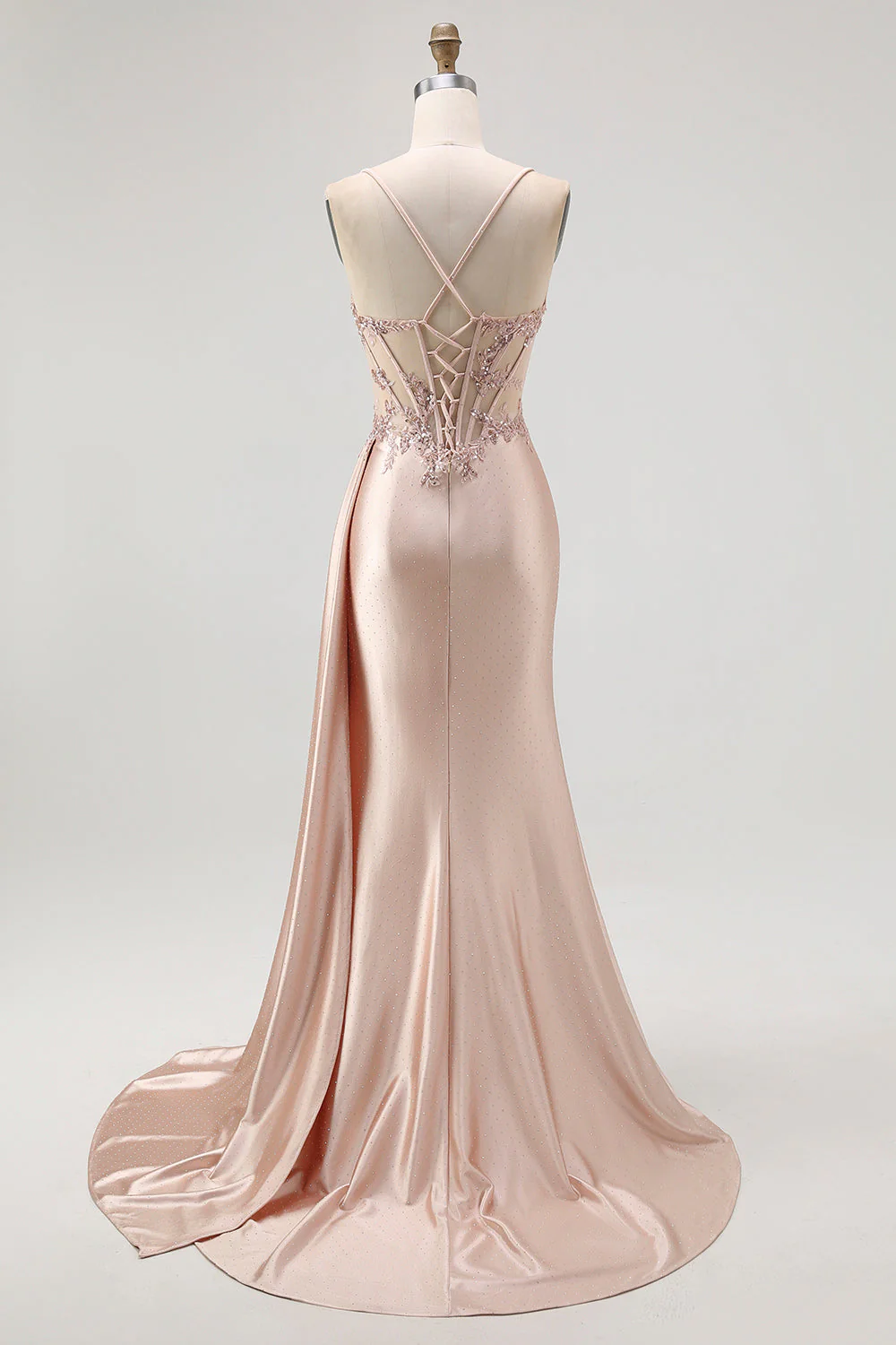 Robe de soirée sirène champagne corset transparent perles avec fente - Image 2