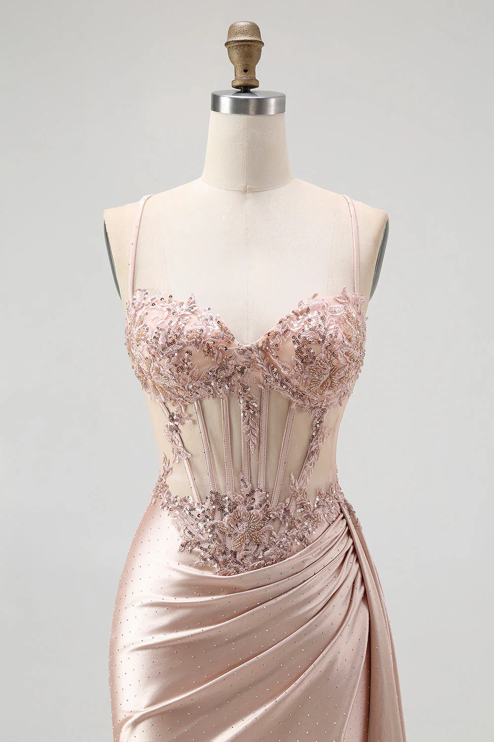 Robe de soirée sirène champagne corset transparent perles avec fente - Image 6