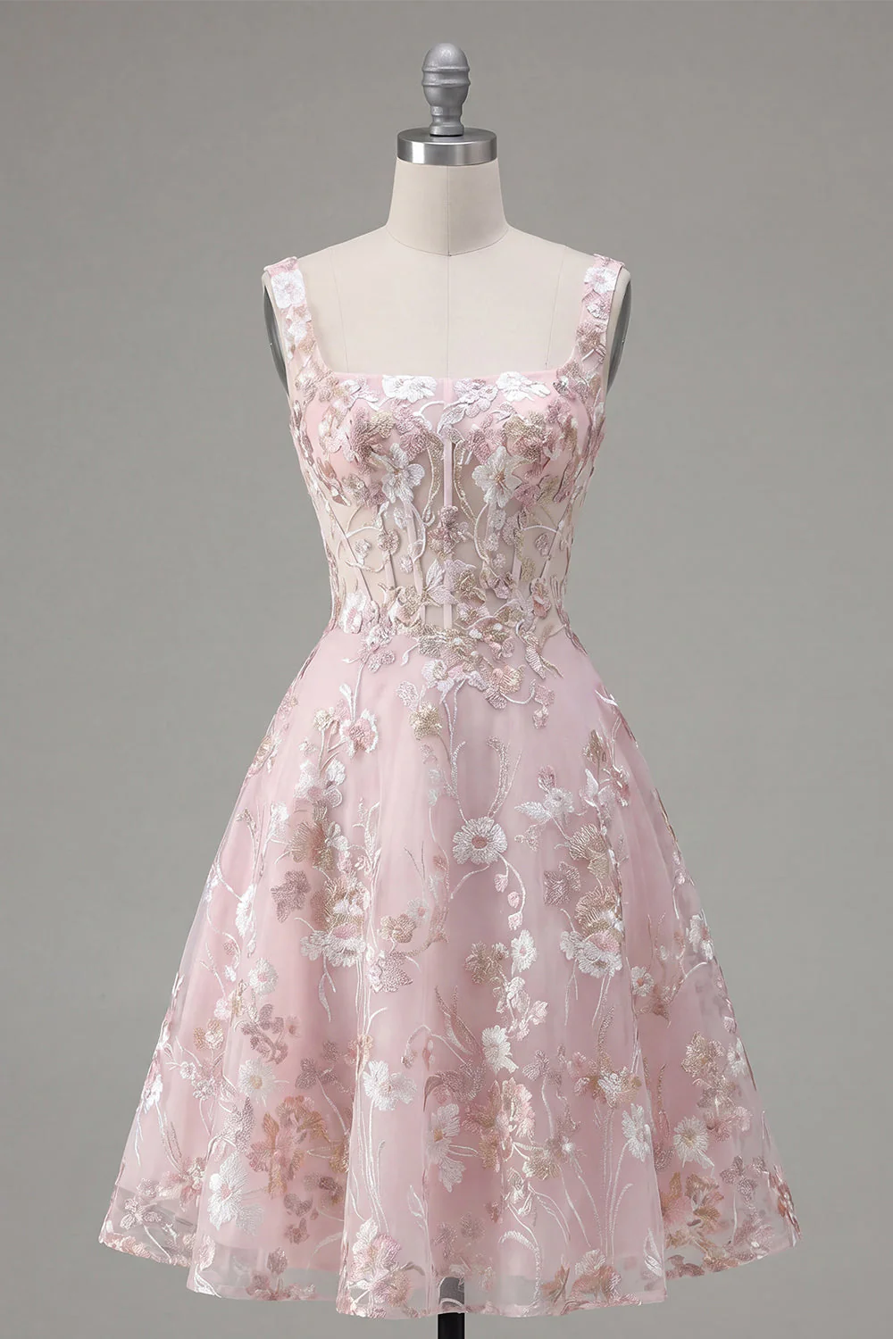 Corset rose à col carré A-Line robe florale de rentrée