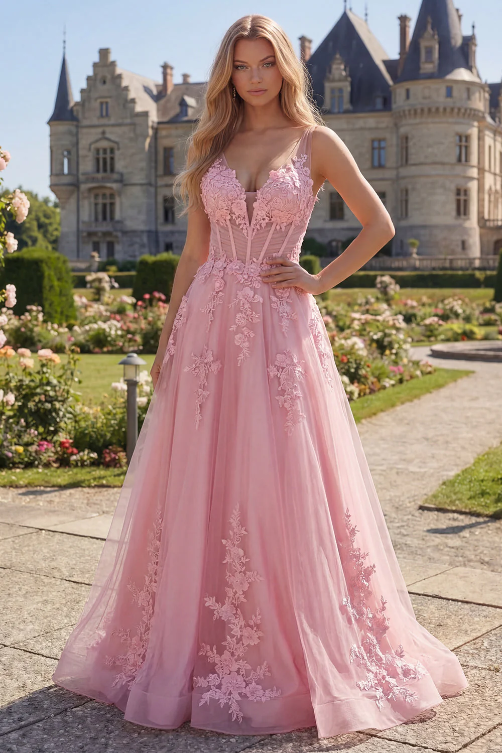 Corset rose à col en V à col en V en long robe de bal en tulle