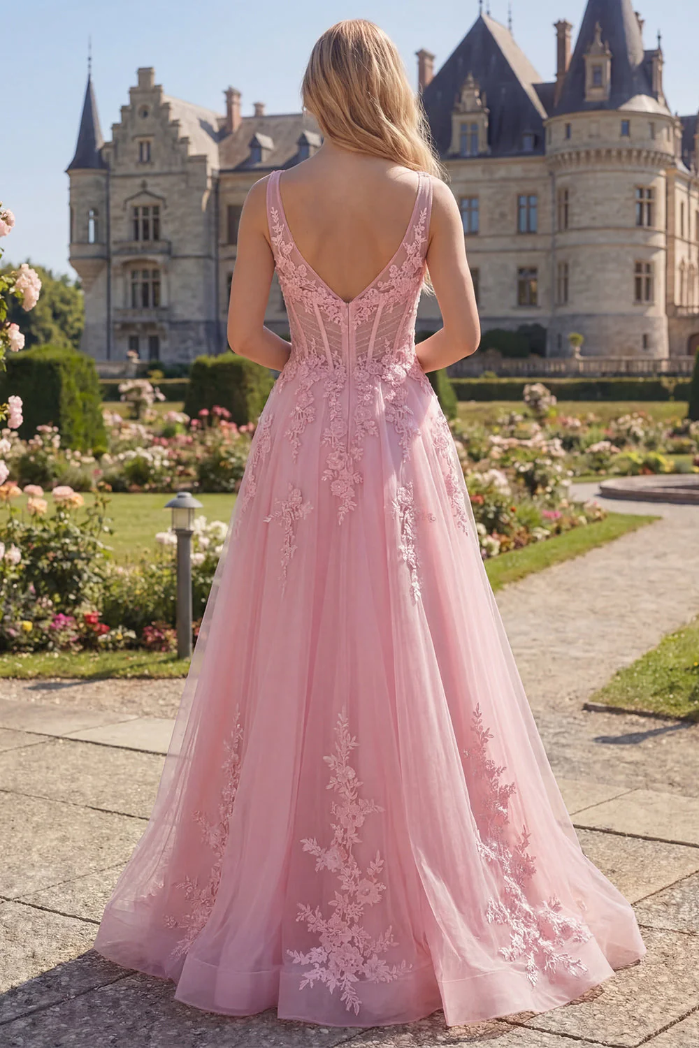 Corset rose à col en V à col en V en long robe de bal en tulle - Image 2