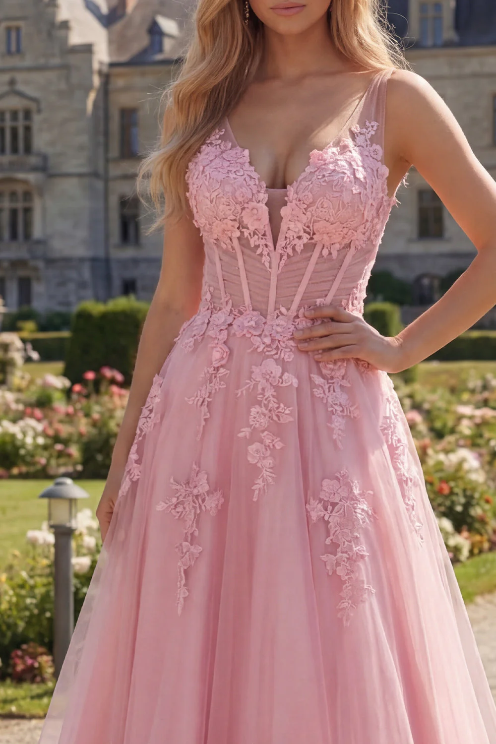 Corset rose à col en V à col en V en long robe de bal en tulle - Image 3