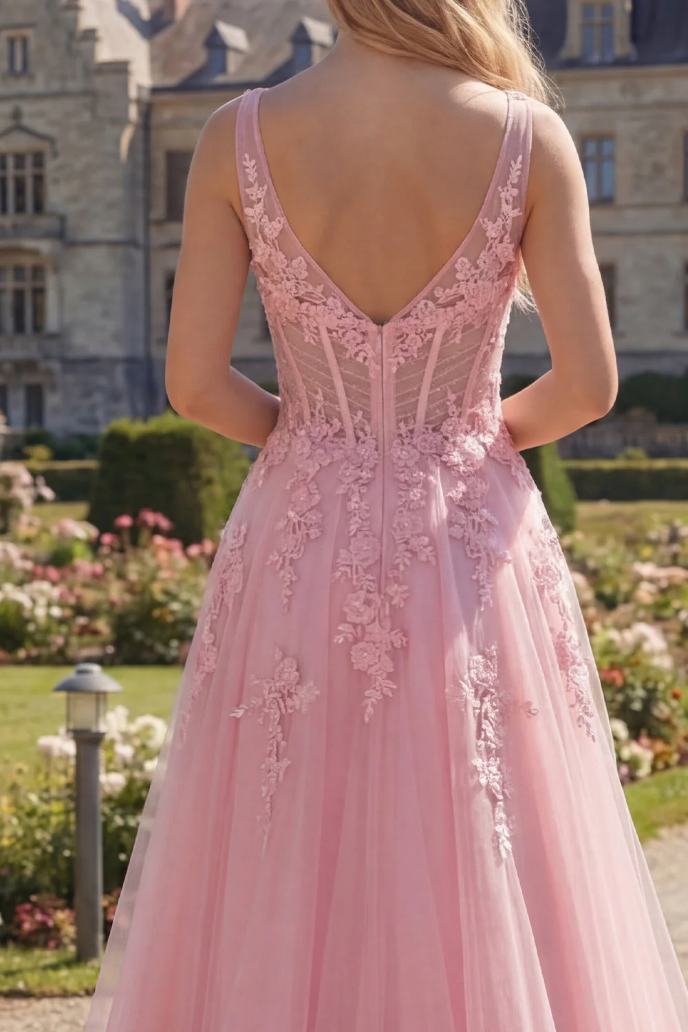 Corset rose à col en V à col en V en long robe de bal en tulle - Image 4