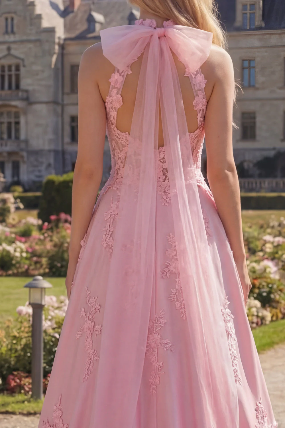 Corset rose à dos nu, robe de bal longue avec nœud d’année - Image 4