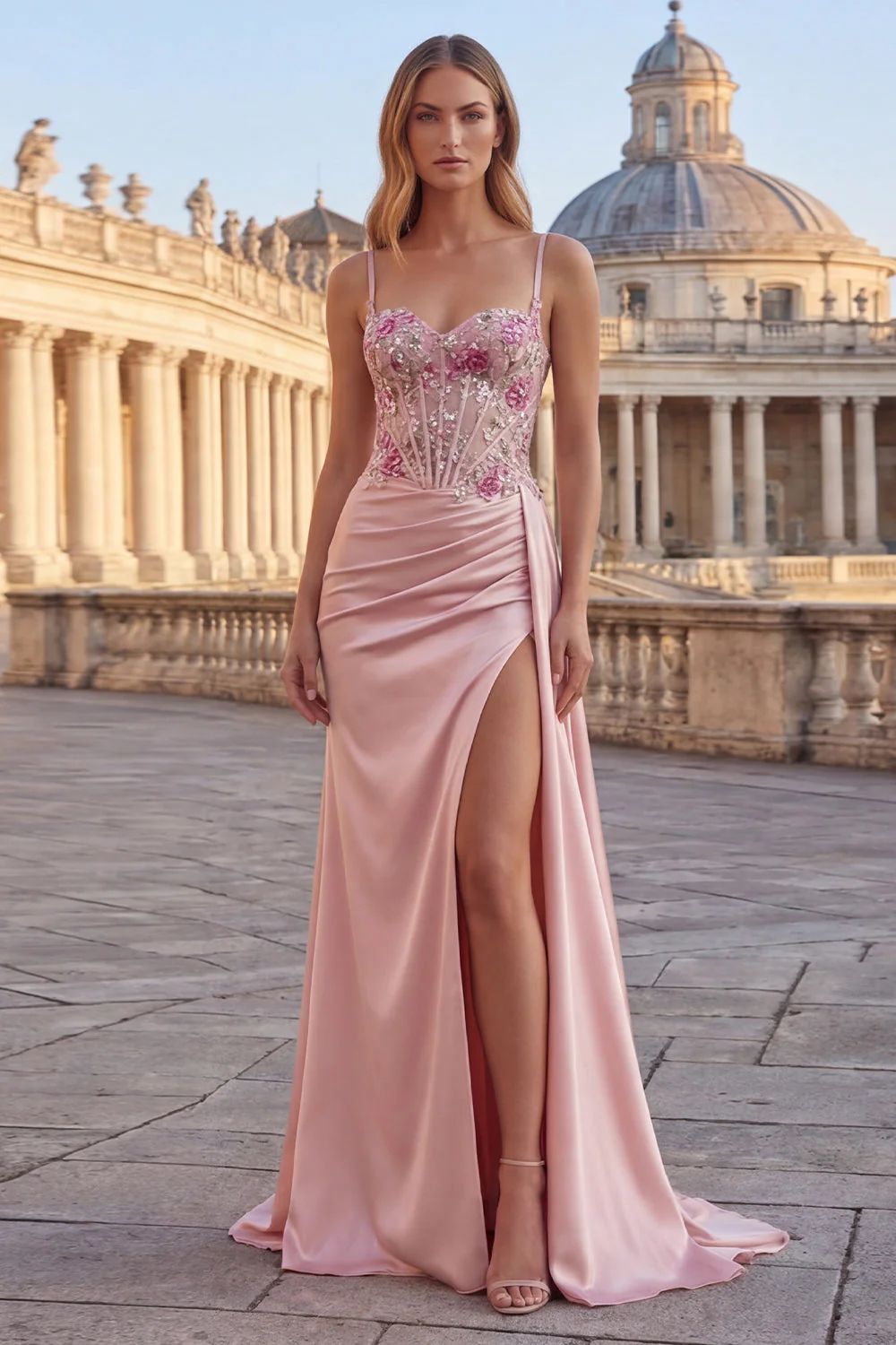 Corset rose à fleurs froncés longue robe de bal avec cape latérale