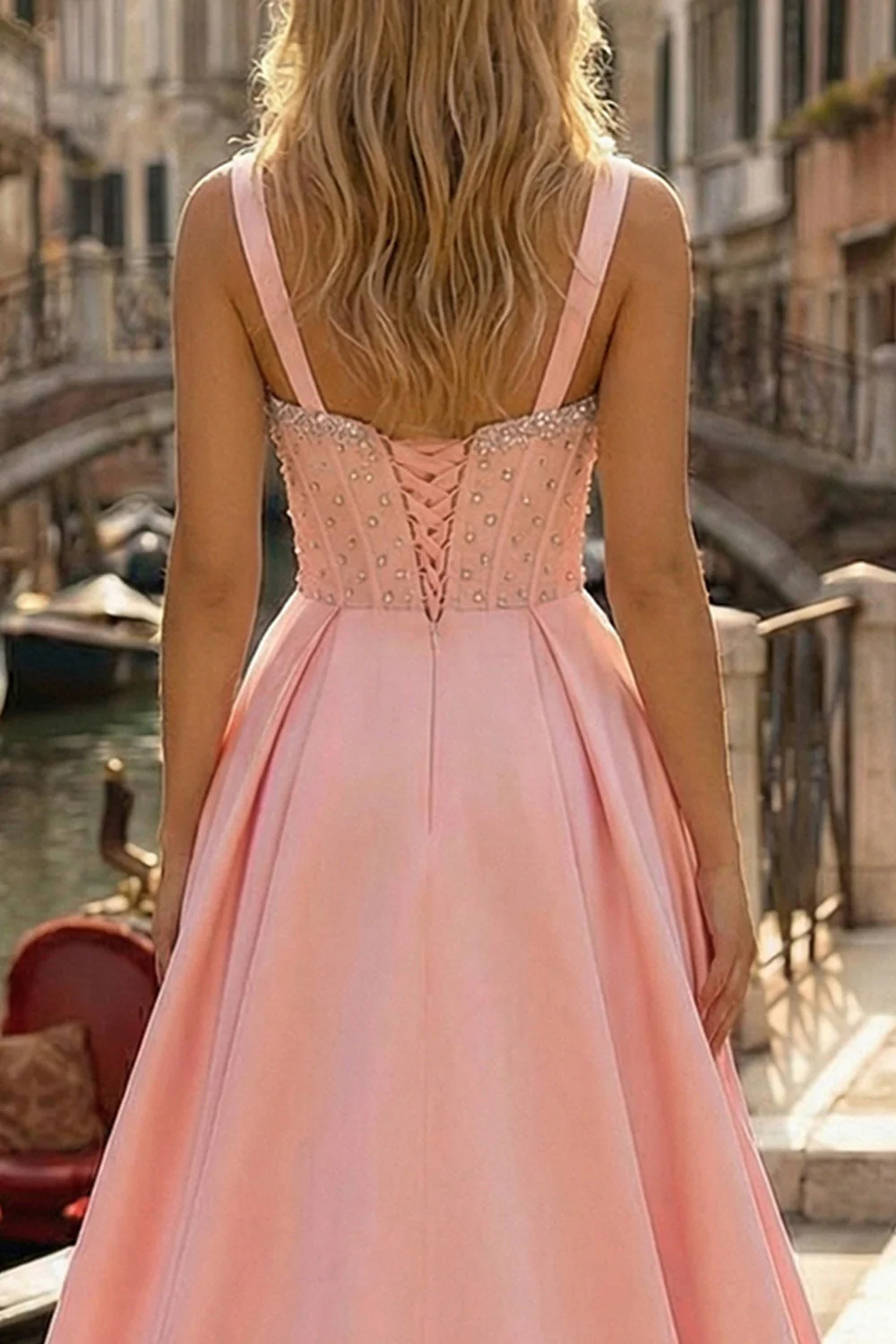 Corset rose A-Line A-Line long en satin robe de bal avec fente - Image 4