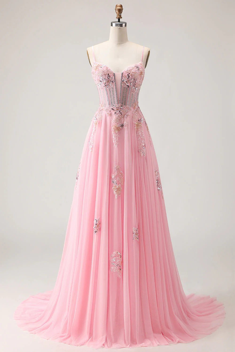 Corset rose A Line perlées Sequins Longue robe de bal avec dentelle remontée dans le dos