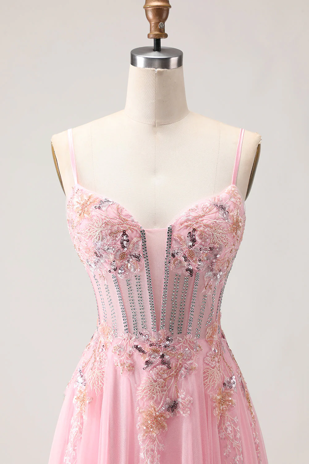 Corset rose A Line perlées Sequins Longue robe de bal avec dentelle remontée dans le dos - Image 4