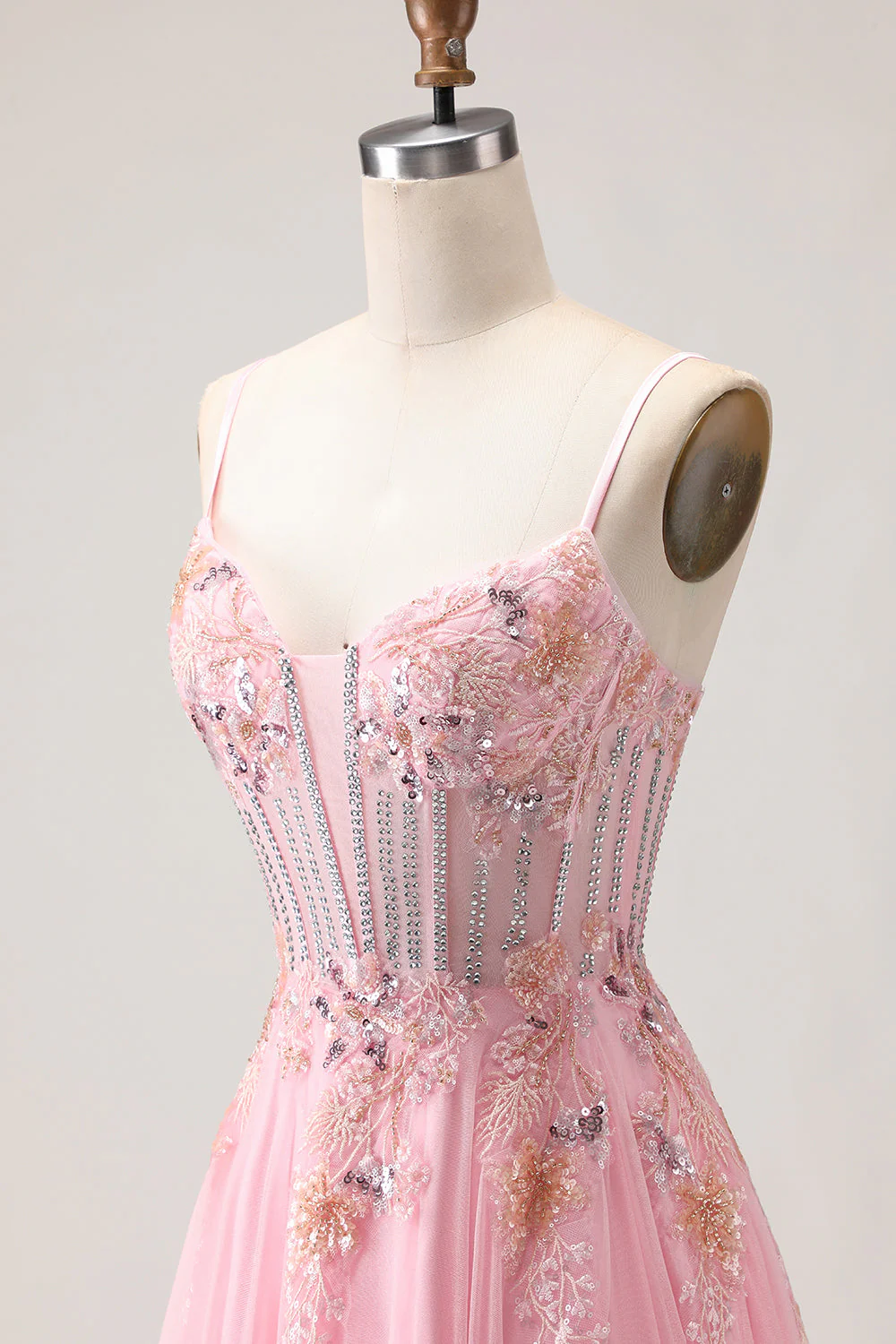 Corset rose A Line perlées Sequins Longue robe de bal avec dentelle remontée dans le dos - Image 6