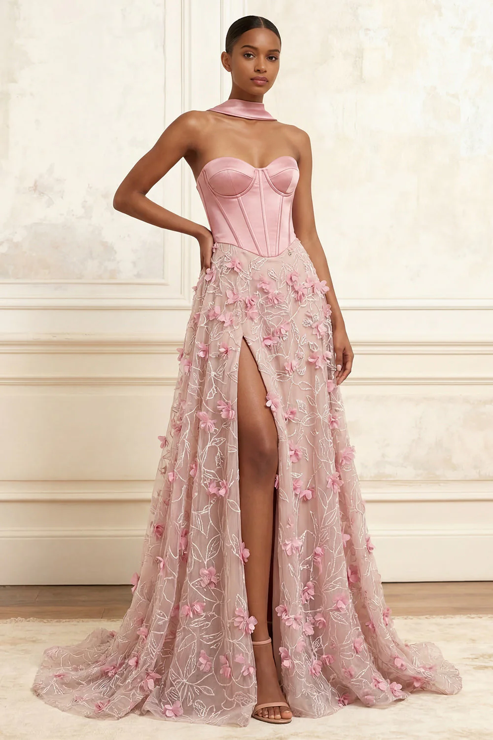 Corset rose A-Line Rose Sweetheart Flowers 3D Longue robe de bal avec fente