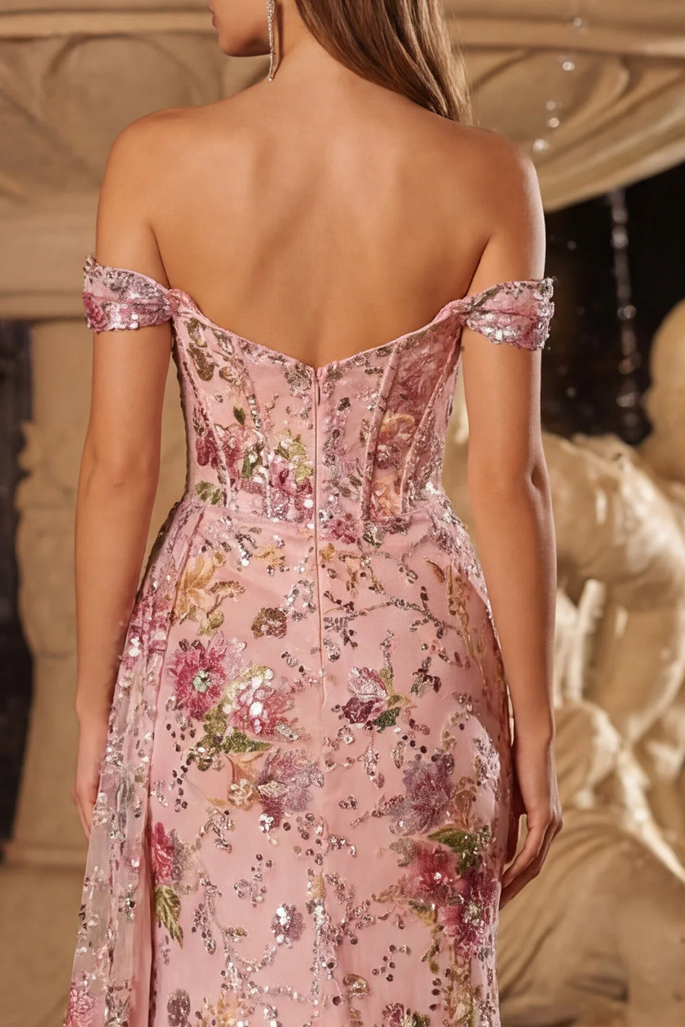 Corset rose à paillettes dénudés Corset de sirène de bal longue robe de bal avec fente - Image 4