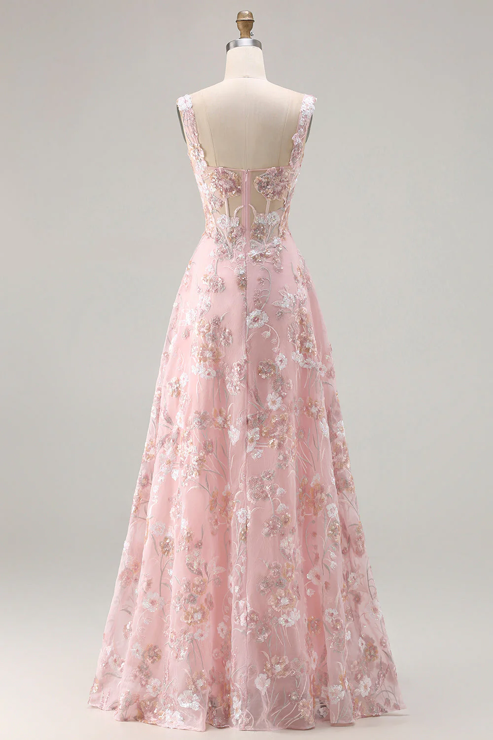 Robe de soirée longue rose en sequins brodée de motifs floraux bustier - Image 2