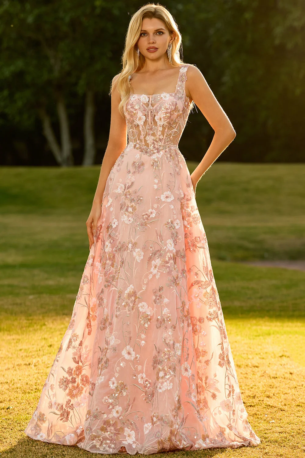 Robe de soirée longue rose en sequins brodée de motifs floraux bustier - Image 3