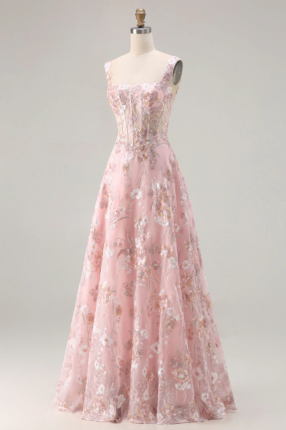 Robe de soirée longue rose en sequins brodée de motifs floraux bustier - Image 5