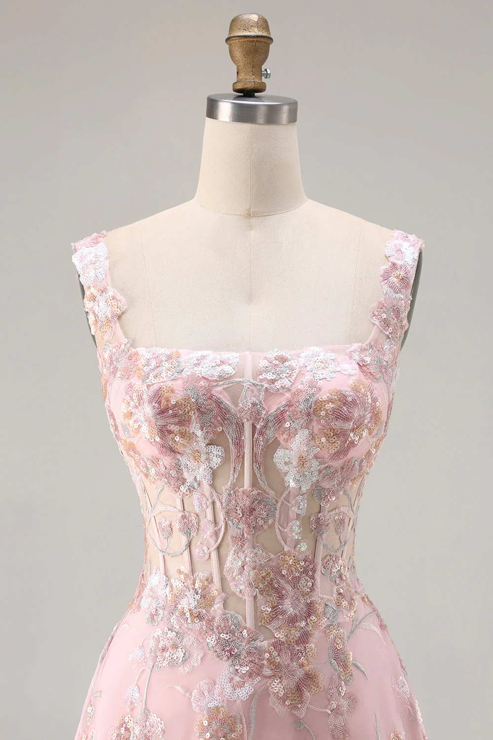 Robe de soirée longue rose en sequins brodée de motifs floraux bustier - Image 6