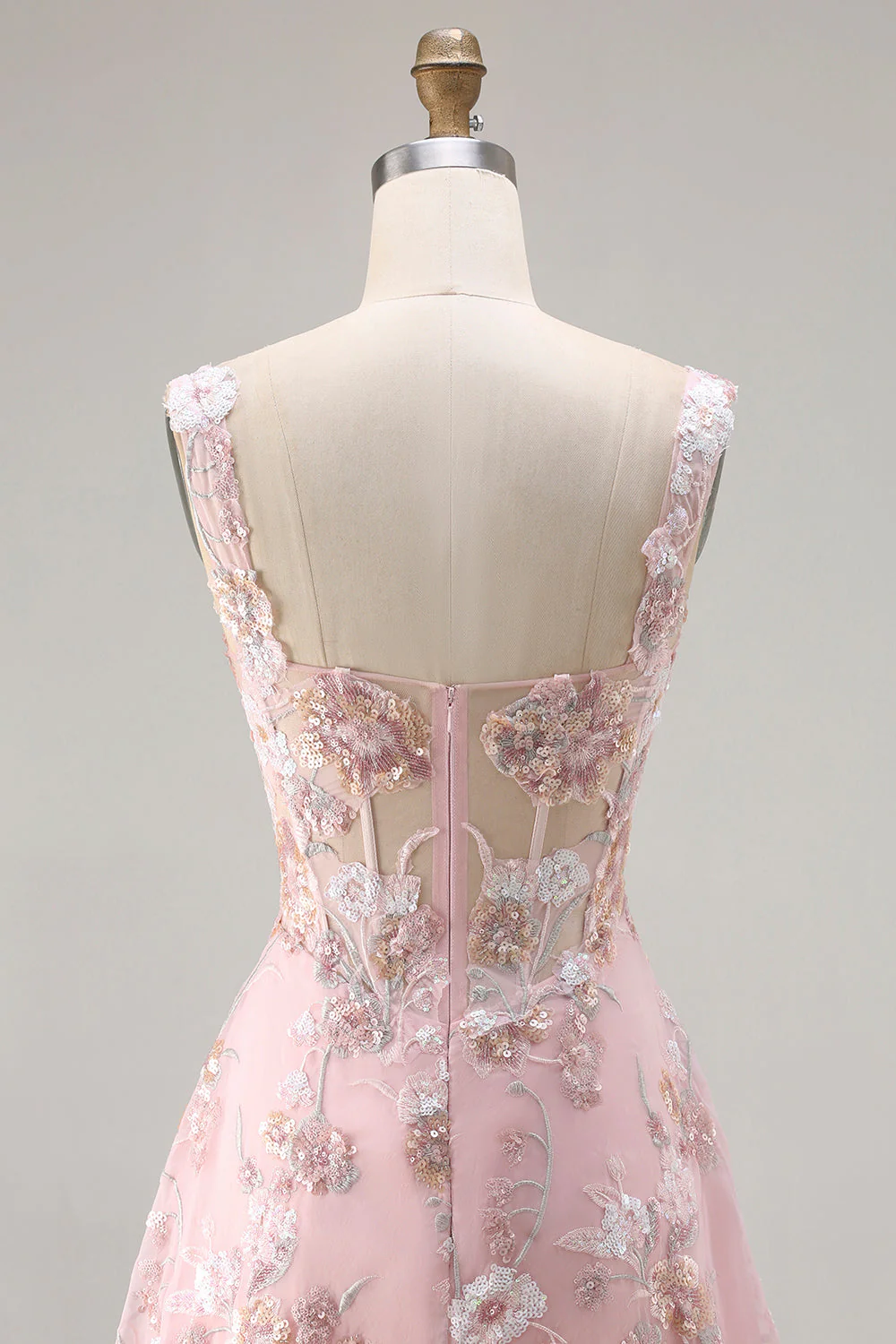 Robe de soirée longue rose en sequins brodée de motifs floraux bustier - Image 7