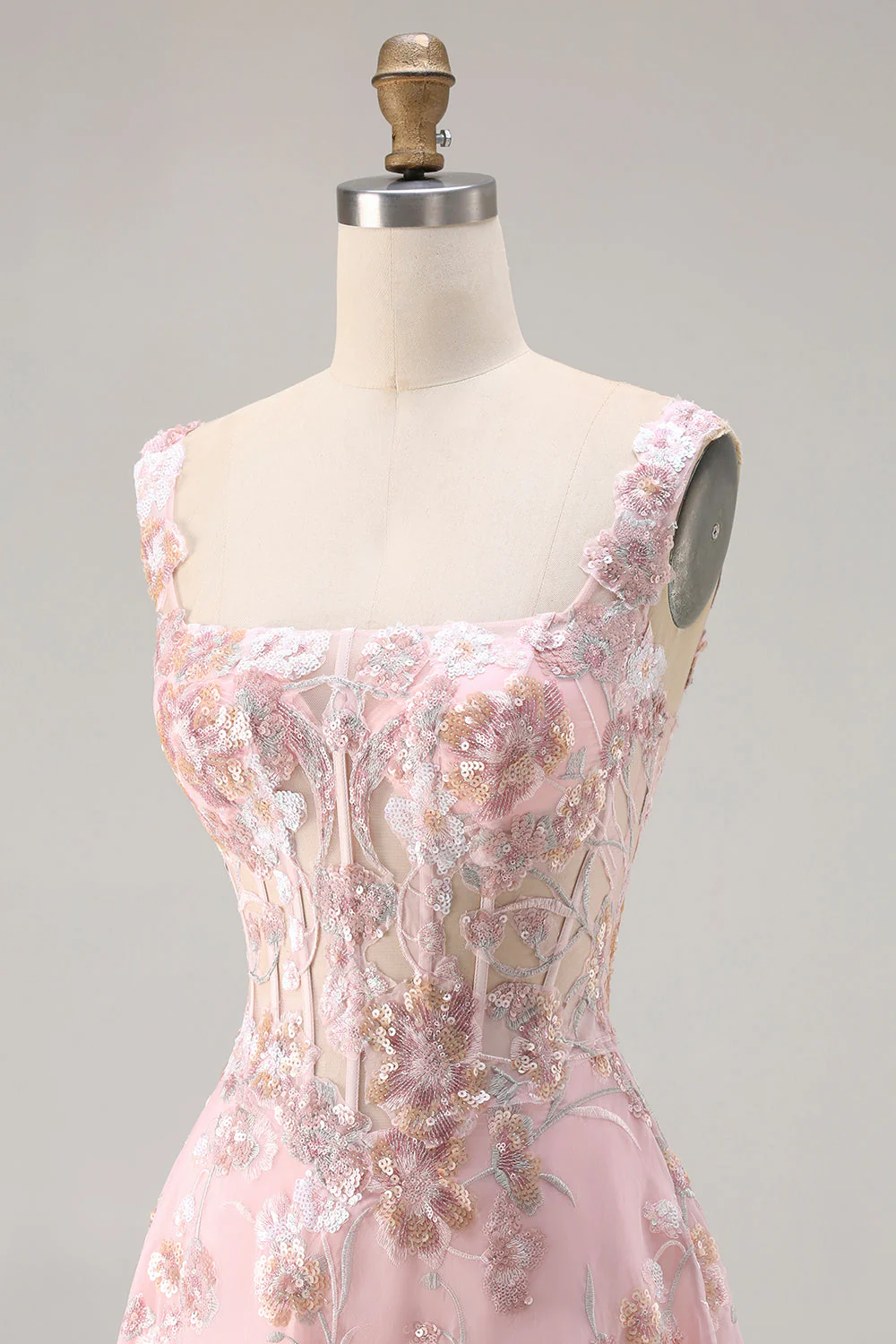 Robe de soirée longue rose en sequins brodée de motifs floraux bustier - Image 8