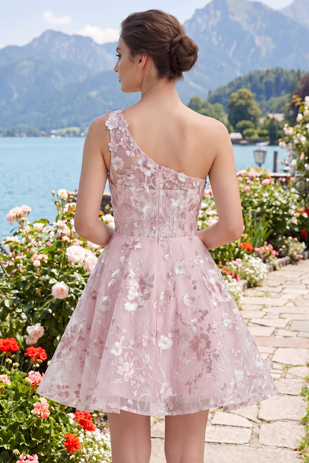 Corset rose à une épaule robe florale de rentrée à la maison - Image 4