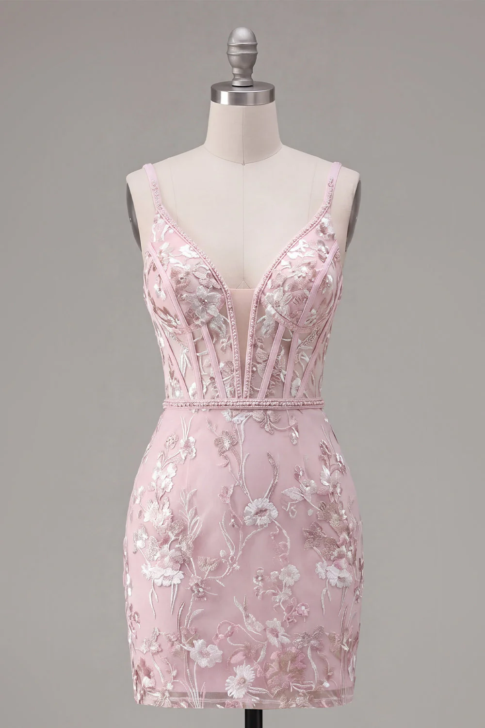 Corset rose bodycon bretelles fines robe florale de rentrée à la maison