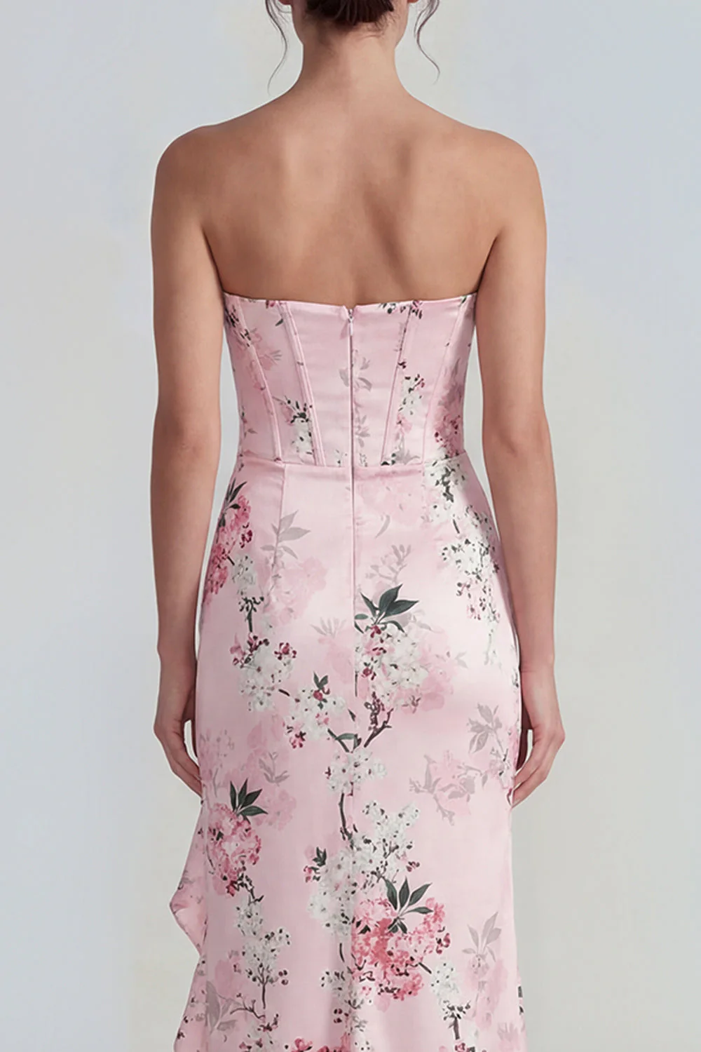 Corset rose bustier fourreau longue robe fleurie avec fente à volants - Image 4