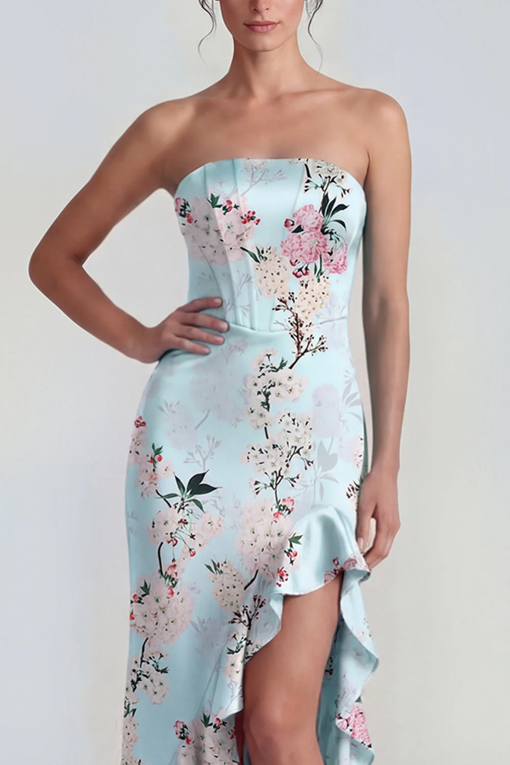 Corset rose bustier fourreau longue robe fleurie avec fente à volants - Image 7