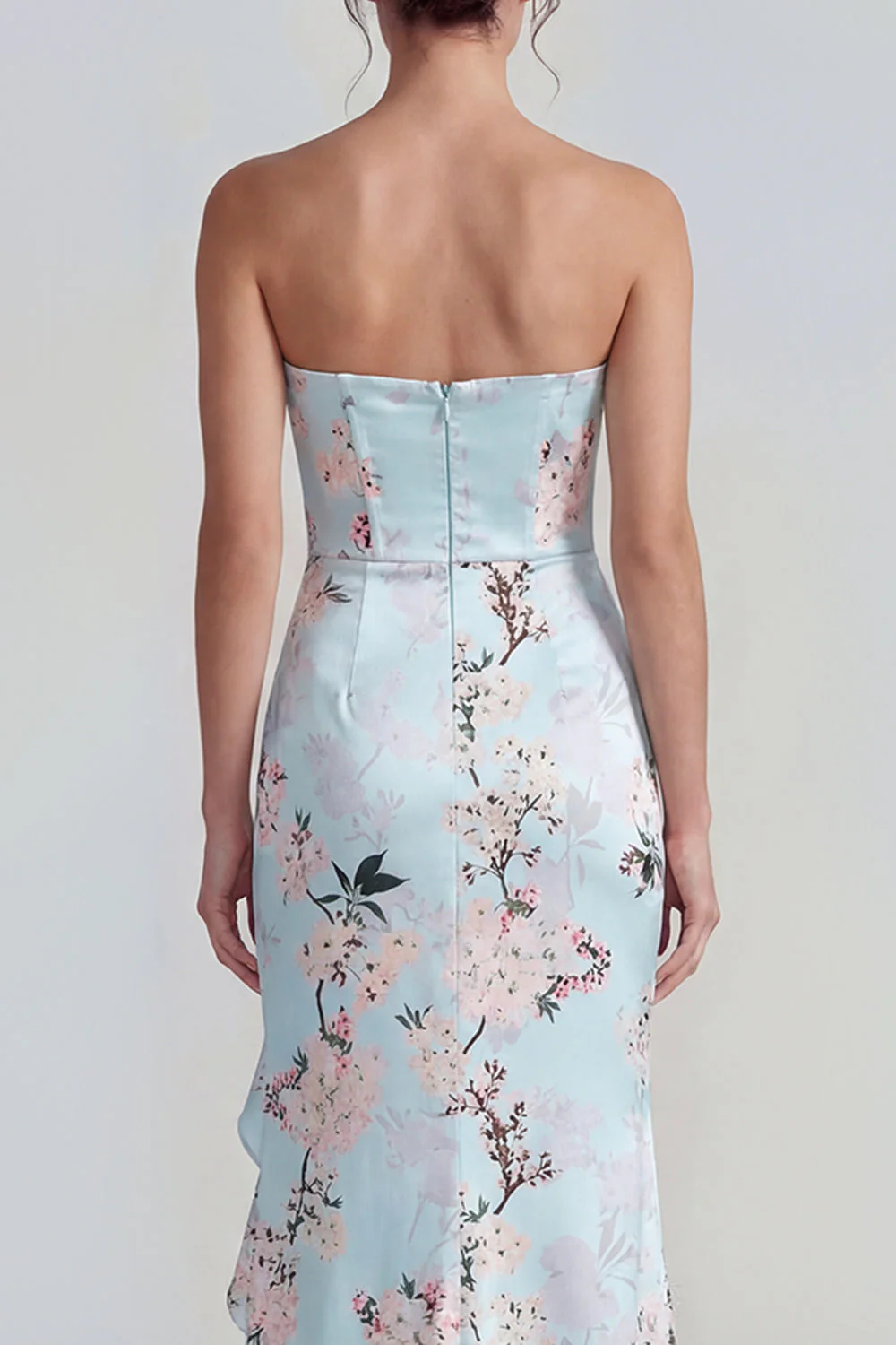 Corset rose bustier fourreau longue robe fleurie avec fente à volants - Image 8