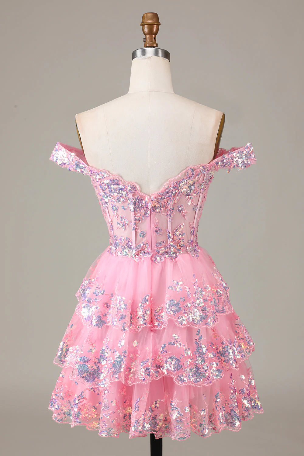 Corset Rose étincelant Dentelle à plusieurs niveaux A-Line Robe courte Cocktail - Image 2