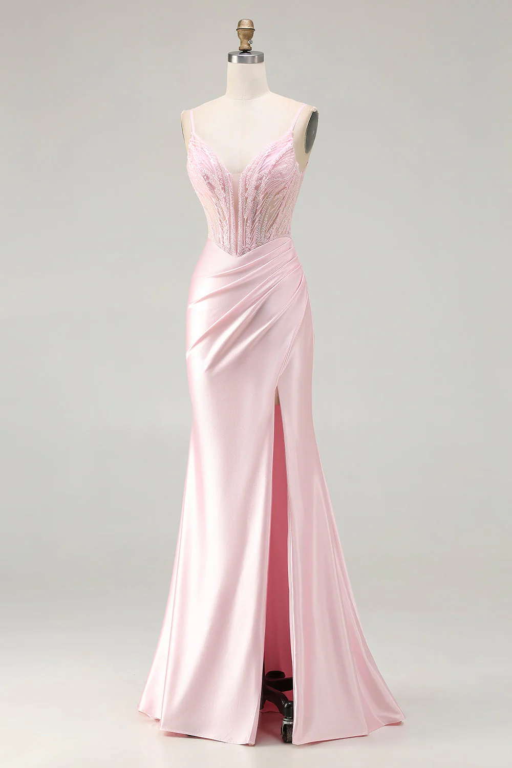 Corset rose perlé à perles avec une longue robe de bal de promo avec fente - Image 3