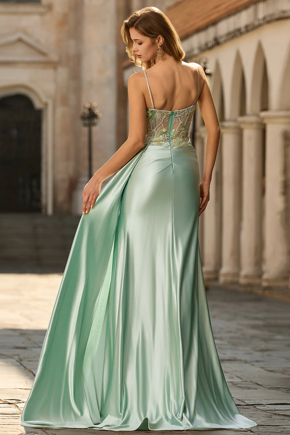 Corset rose perlé de sirène en satin longue robe de bal avec drapé latéral - Image 11
