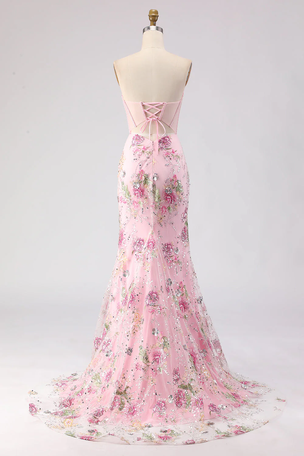 Robe de soirée longue bustier rose perlée avec fente - Image 2