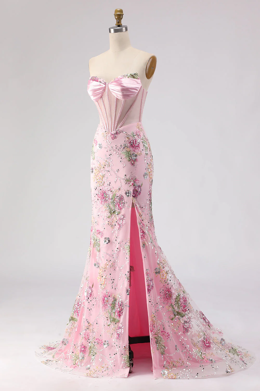 Robe de soirée longue bustier rose perlée avec fente - Image 3