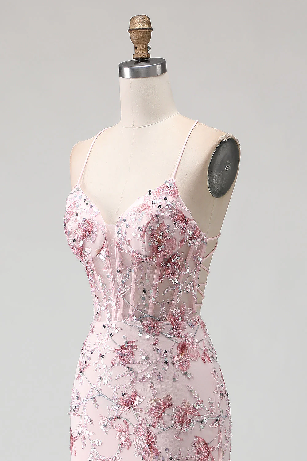 Robe de soirée sirène longue rose bustier fleuri lacé dans le dos avec paillettes - Image 12