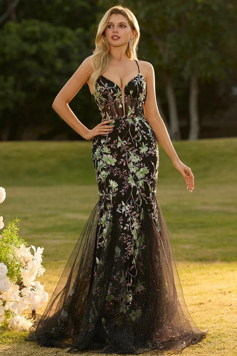 Robe de soirée sirène longue rose bustier fleuri lacé dans le dos avec paillettes - Image 16