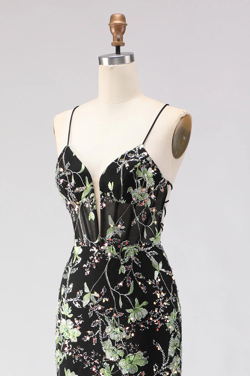 Robe de soirée sirène longue rose bustier fleuri lacé dans le dos avec paillettes - Image 24