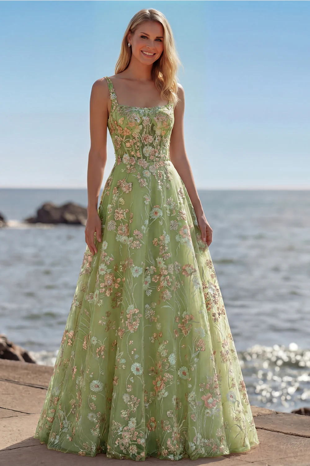 Robe de soirée longue bustier rose brodée de fleurs et paillettes - Image 13