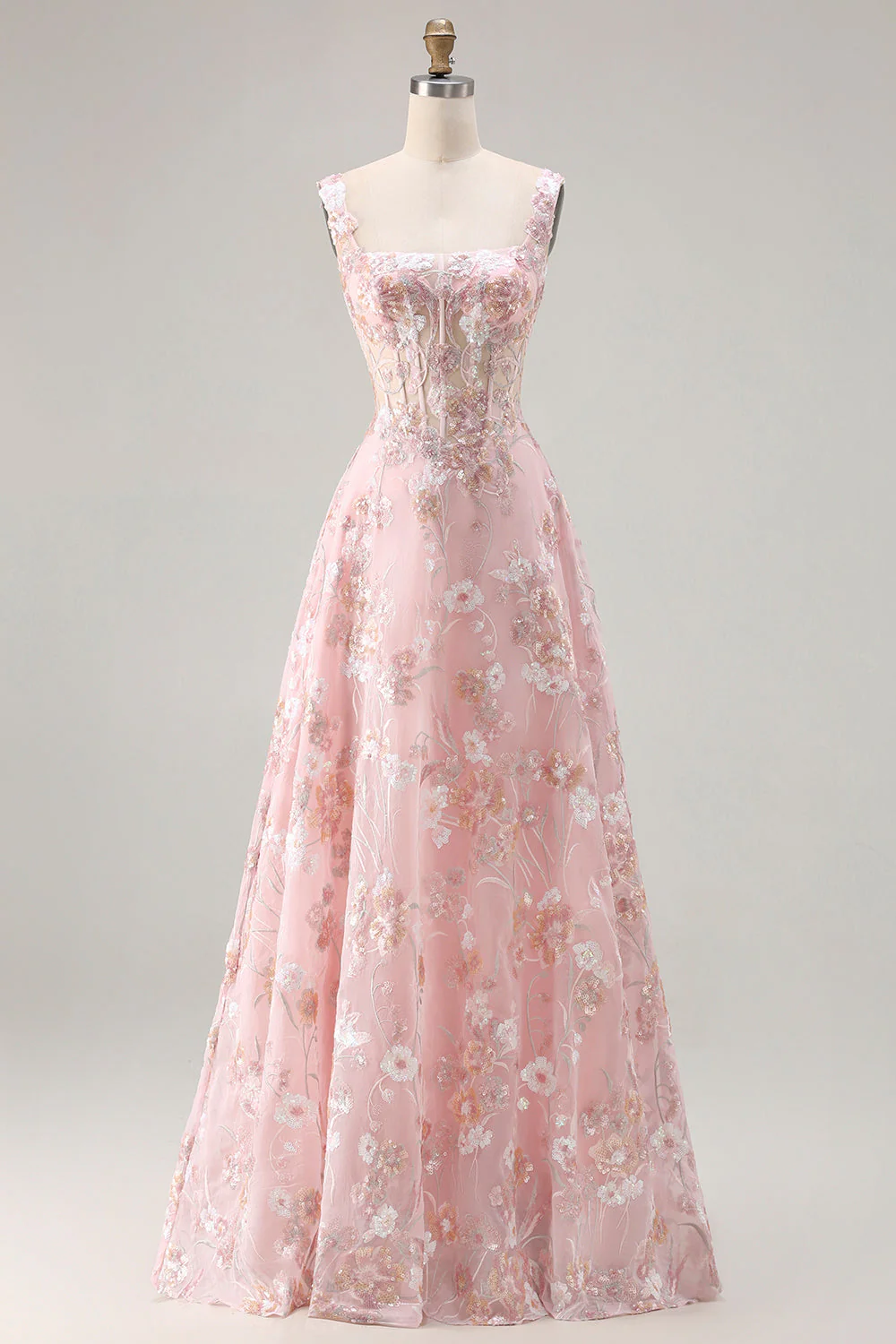 Robe de soirée longue bustier rose brodée de fleurs et paillettes - Image 3