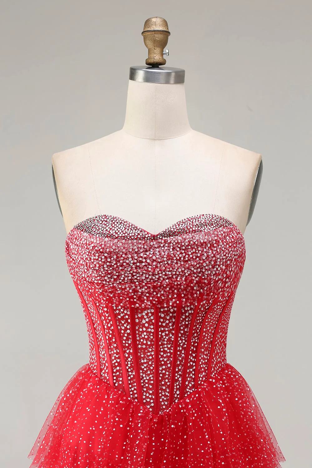 Corset rouge Une robe de bal longue à pois à pois à niveaux A - Image 4